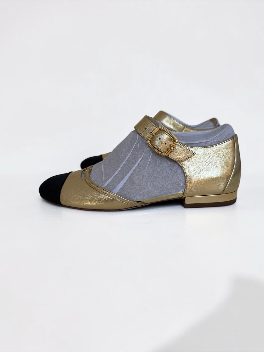 Sam Edelman Rylie Cap Toe Mary Jane Flats Metallic Gold with Black - Picture 13 of 15